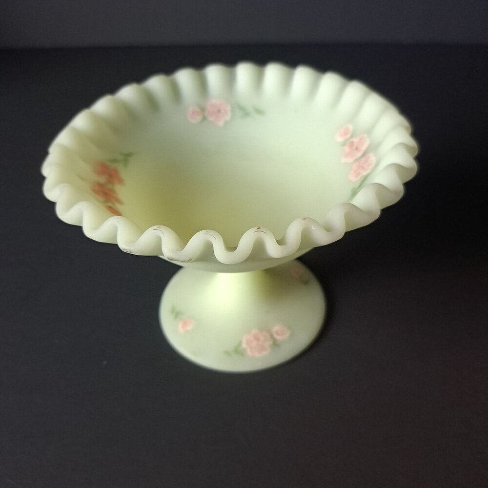 Fenton Scalloped Edge Custard Glass Pedestal Hand Painted Pink Roses Compote